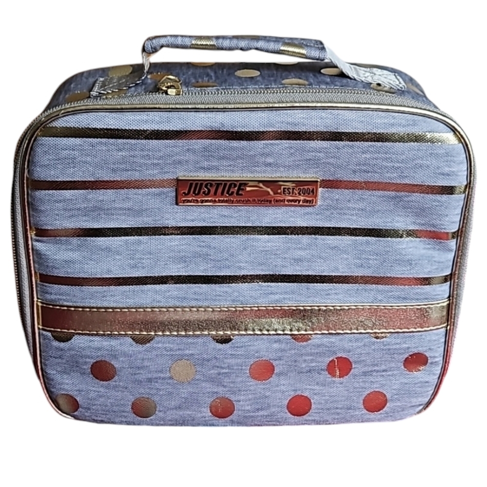 JUSTICE Insulated Lunch Box Tote Makeup Case Gray Gold